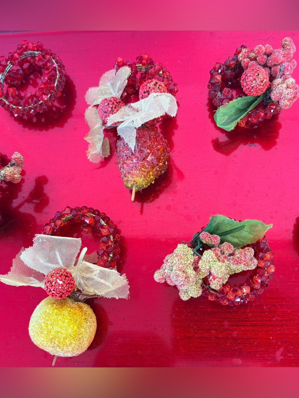 Vintage Set of 8 Sugared Beaded Fruit Napkin Rings